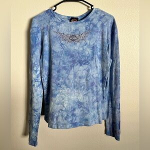 Vintage Women’s Cotton Harley-Davidson Blue Tie-Dye Barbed-Wire Long Sleeve L